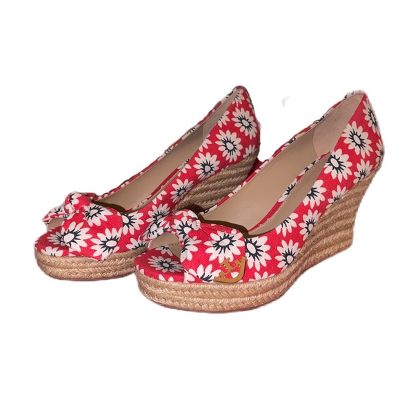 Tory Burch Dory Nantucket Red Navy Sea White Primrose Peep Toe Espadrille Wedges - Picture 12 of 15
